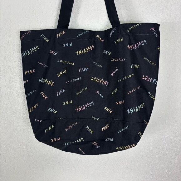 Victoria's Secret Pink Black with Colorful LOVE PINK Rainbow Logos Tote Bag 18 x - Picture 2 of 6